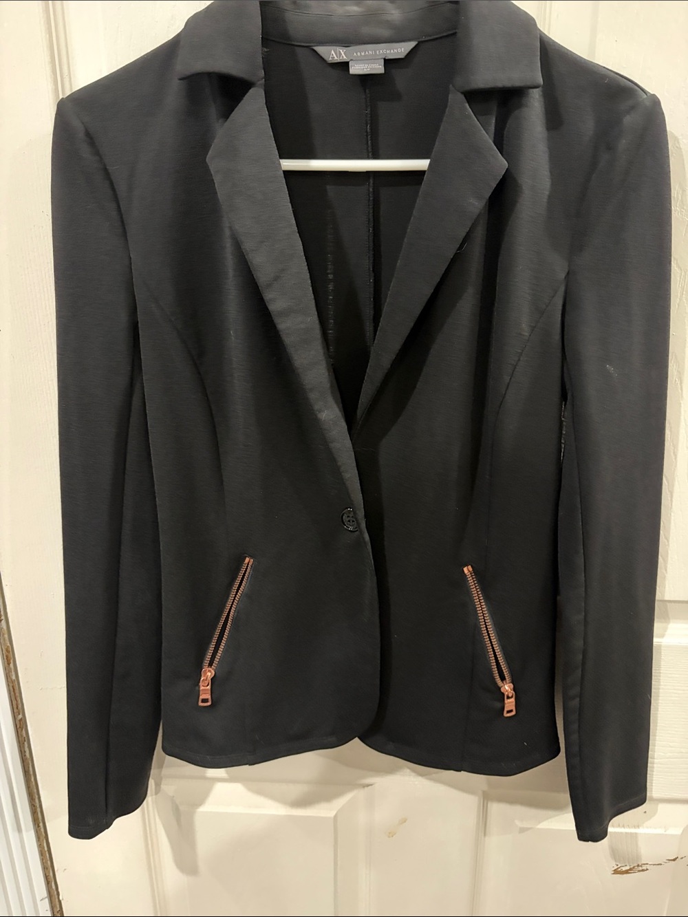 Armani Exchange Black Blazer with Rose-Gold Zipper Accents